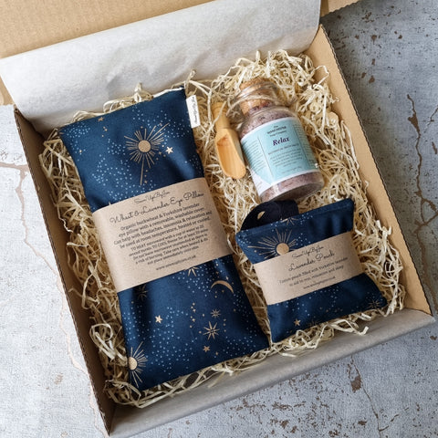 Eco friendly self care gift box with eye pillow, lavender bag and botanical bath salts 